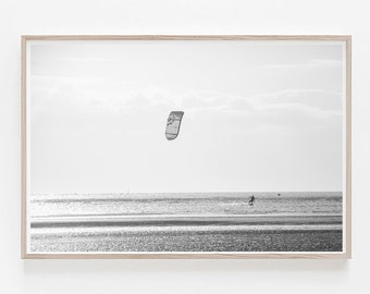 Kitesurfing Art Print, Black and White Ocean Beach Wall Art (Digital Download)