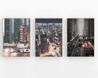 Chicago Prints Set of 3, Chicago Illinois City Print, Chicago Street Wall Art Set, Chicago Poster, Minimalist Home Decor, Chicago Travel Set
