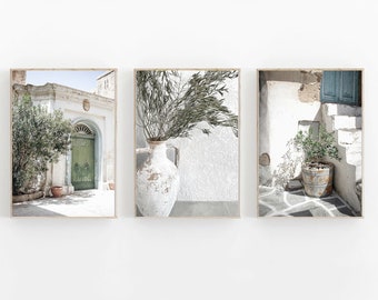 Santorini Print Set of 3, Greece City Print, Oia Santorini Print Set, Mykonos Pastel Printable Art, Mediterranean Wall Art, Greece Set of 3