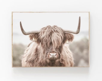 Highland Kuh Druck, Schottische Highland Kuh, Bauernhaus Dekor, druckbare Wandkunst, Stier Foto, Digitale Kuh Wandkunst, Boho Animal Prints