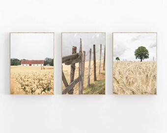 Farmhouse Print Set of 3, Rustic Wall Decor, Nature Wall Decor, Farmhouse Landscape, Wheat Field Print, Set of 3 Prints, Modern Farm Poster
