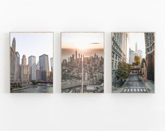 Chicago Prints Set of 3, Chicago Illinois City Print, Chicago Street Wall Art Set, Chicago Poster, Minimalist Home Decor, Chicago Travel Set