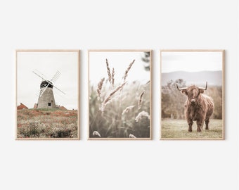 Farmhouse Print Set of 3, Highland Cow Print, Nature Wall Decor, Farmhouse Landscape, Windmill Art Print, Farm Print Set, Rustic Wall Art