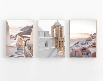 Greece Print Set of 3, Greece Santorini Print, Santorini Set of 3 Prints, Mykonos Pastel Printable Art, Modern Minimalist, Travel Art Prints