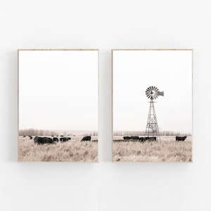 Windmill Print, Farmhouse Print Set of 2, Modern Farmhouse Wall Art, Set of 2 Prints, Nature Wall Decor, Farmhouse Landscape, Farm Print Set