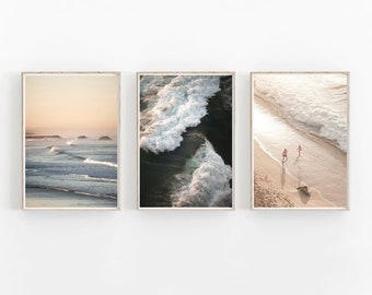 Juego de 3 impresiones neutras, juego de 3 impresiones de playa, arte costero imprimible, decoración costera moderna, impresiones oceánicas, juego de 3 olas oceánicas, arte de pared de playa