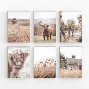 Farmhouse Print Set of 6, Rustic Wall Decor, Highland Cow Print, Nature Wall Decor, Farmhouse Landscape, Wheat Field Print, Set of 6 Prints