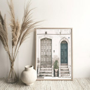 May include: A framed print of two doors in a white building. The door on the left is a light wood color and the door on the right is a dark teal color. The doors are both closed and have steps leading up to them.