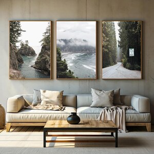 May include: Three framed landscape prints depicting coastal and forest scenes. The artwork features a coastal view with rocky islands, a misty ocean view, and a road through a forest. The prints are displayed above a beige sofa.