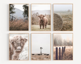 Farmhouse Prints Set of 6, Rustic Wall Decor, Highland Cow Print, Nature Wall Decor, Farmhouse Landscape, Wheat Field Print, Set of 6 Prints