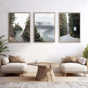 May include: Three framed landscape prints depicting coastal and forest scenes. The first shows a rocky coastline with turquoise water. The second features a misty beach. The third shows a road through a forest.