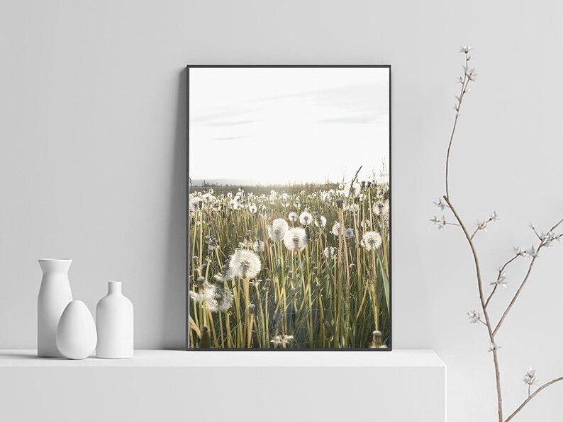 Maskrostryck, rustik kökskonst med maskrosmotiv, maskrosblomtryck, bondgårdsinredning, botaniskt tryck, digitaltryck, maskrosväggkonst bild 3