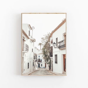 May include: A narrow, white-washed street in a European town with a palm tree in the distance. The street is lined with white buildings with terracotta tile roofs and wrought iron balconies.