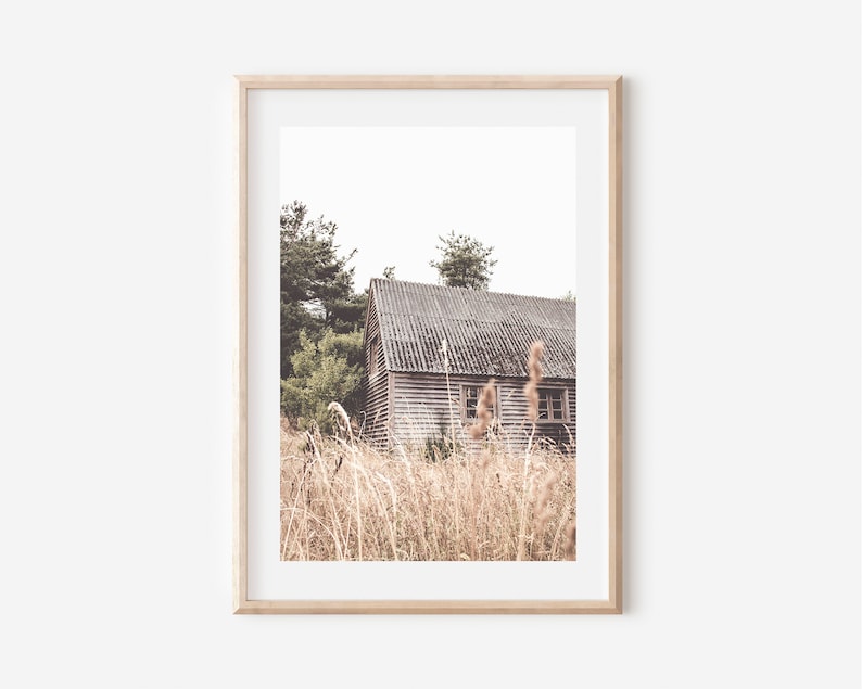 Peut inclure: Une photographie encadr&eacute;e d'une cabane en bois rustique avec un toit us&eacute;, entour&eacute;e de hautes herbes et d'arbres. L'image est dans un style vintage avec des couleurs douces.