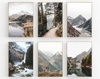 Nature Print Set of 6, Forest Wall Art Print Set of 6, Modern Minimalist Poster, Mountain Wall Art, Scandinavian Nature Print, Mountain Fog