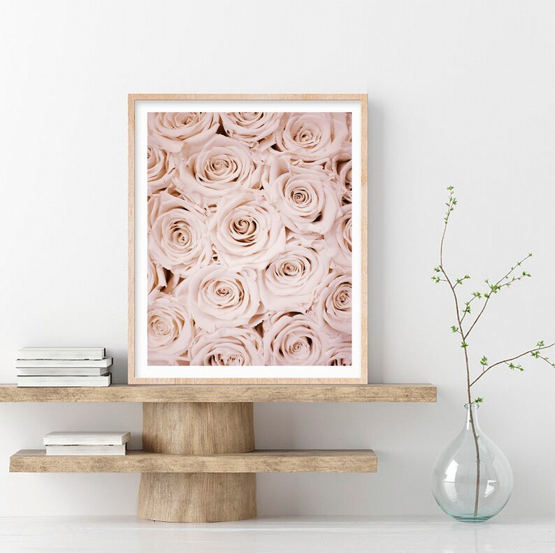 May include: A framed print of a close-up of a bouquet of pale pink roses.