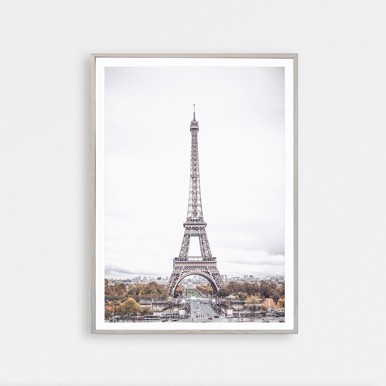 May include: A black and white photograph of the Eiffel Tower in Paris, France. The tower is in the center of the image and is surrounded by trees and buildings. The sky is cloudy and gray.