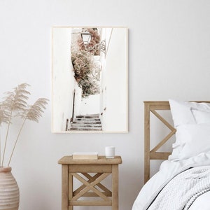 May include: A framed photograph of a white alleyway with a stone staircase leading up to a building with a leafy green plant growing on the side. The alleyway is lit by a street lamp.