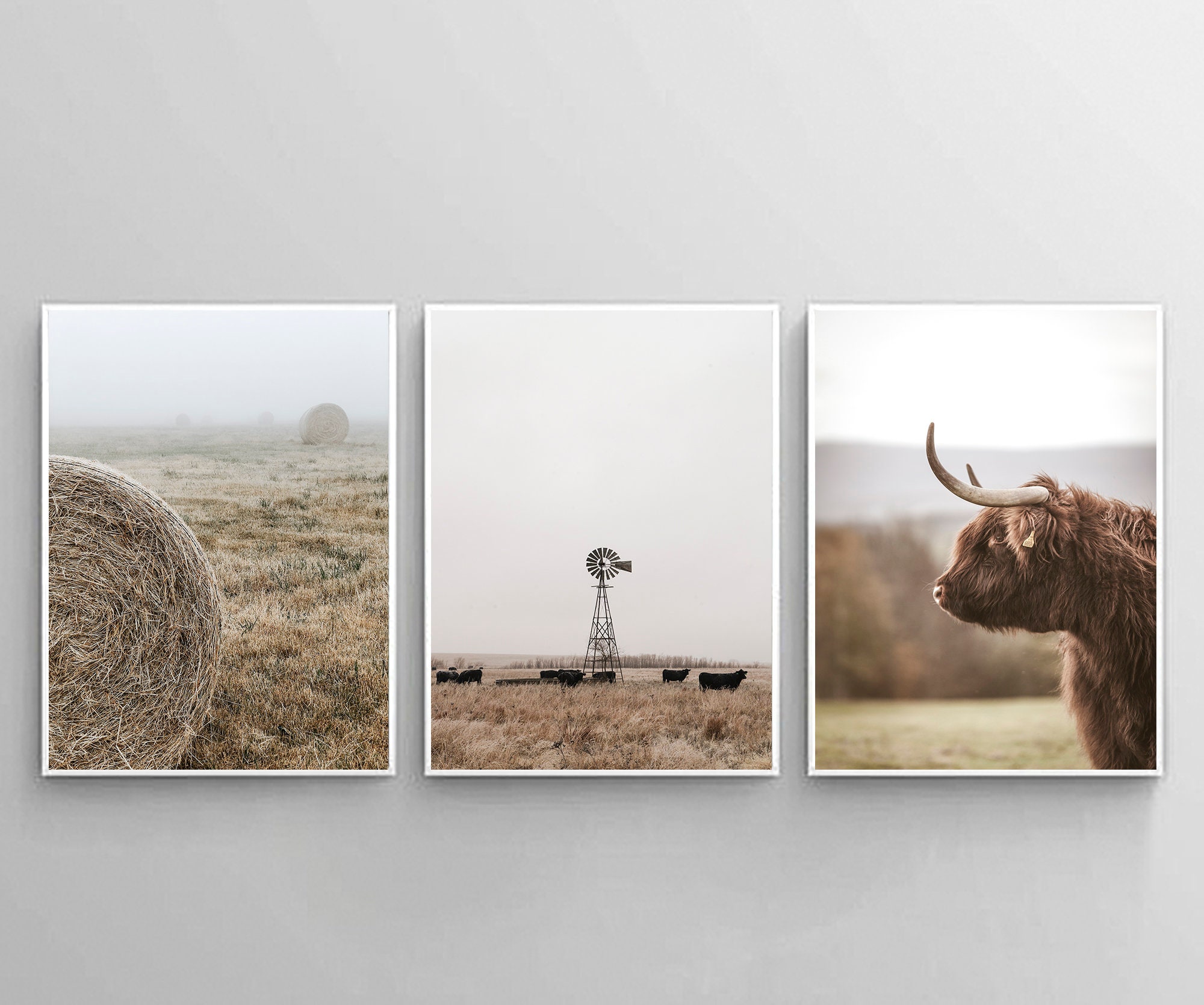 Farmhouse Set of 3 Prints, Rustic Wall Decor, Highland Cow Printable ...