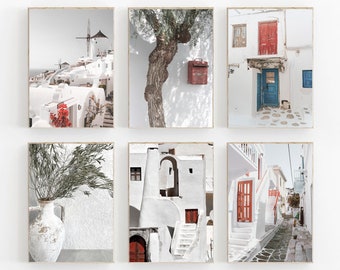 Greece Print, Santorini Print Set of 6, Oia Santorini Print Set, Mykonos Pastel Printable Art, Mediterranean Wall Art, Greece City Set of 6