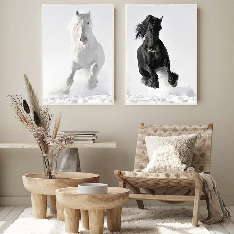 May include: Two framed black and white photographs of horses running through snow. The horse on the left is white and the horse on the right is black.