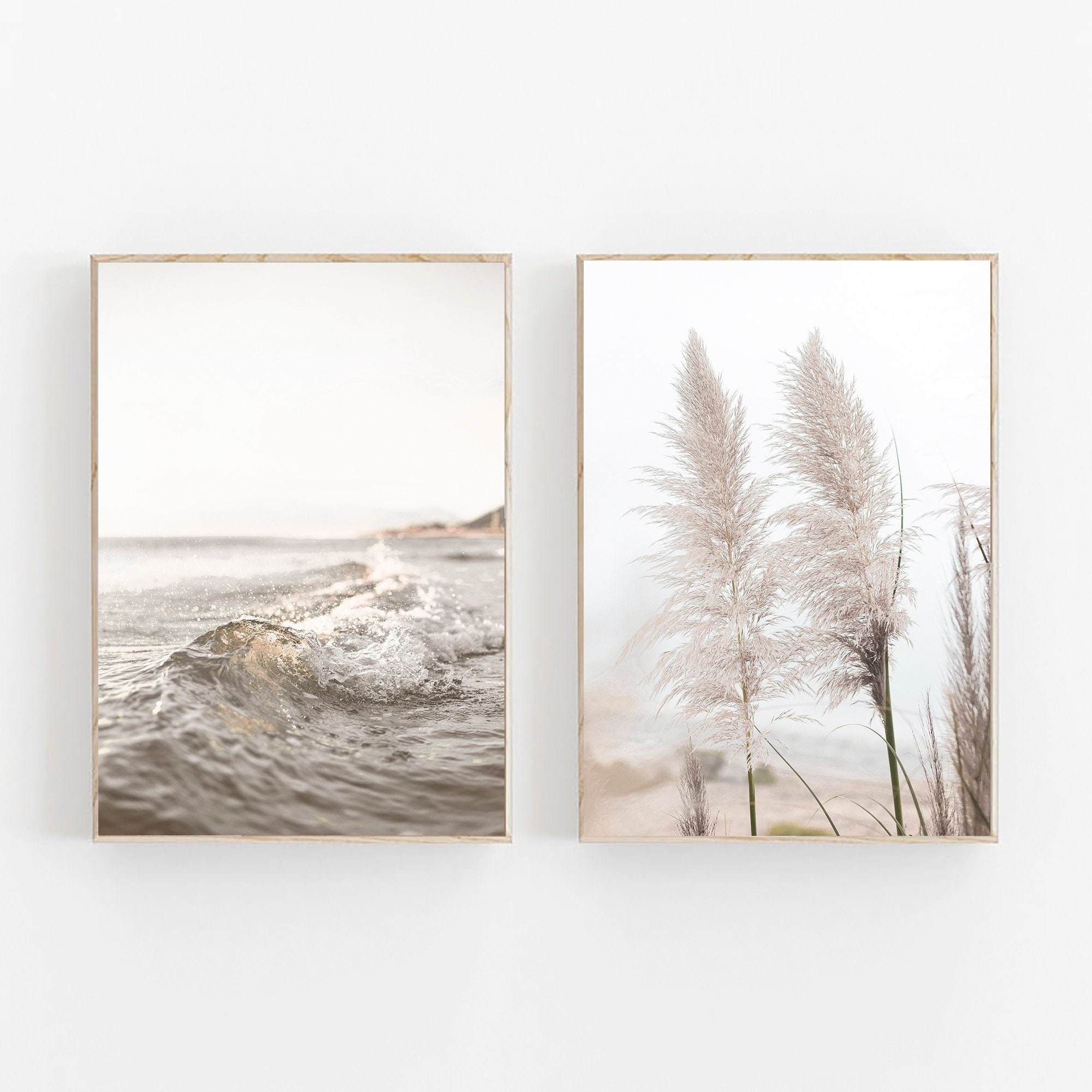 Neutral Wall Art Set of 2 Prints, Beach Wall Art, Pampas Print, Printable Wall Art, Pastel Beach Prints Set, DIGITAL Prints, Beige Wall Art