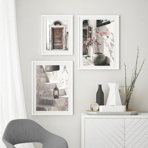 May include: Three framed prints with a white background. The first print shows a wooden door with a white frame. The second print shows a potted plant with pink flowers. The third print shows a set of stone steps with a lantern.