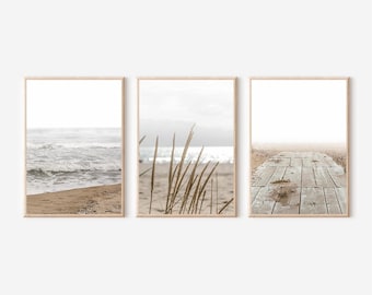 Neutral Beach Print Set of 3, Modern Minimalist Poster,Coastal Prints, Ocean Print, Pastel Ocean Wall Art, Boho Bedroom Art,Beach Lover Gift
