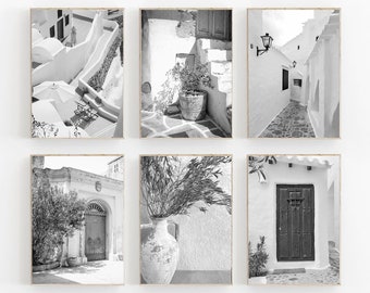 Santorini Print Set of 6, Greece Gallery Wall Set, Greece Print Black and White, Mykonos Printable, Mediterranean Wall Art, Greece Set of 6