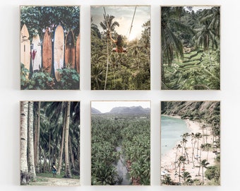 Palm Tree Print Set of 6, Tropical Wall Art Set, Surfboard Print, Tropical Ocean Poster, Gallery Wall Art, Beach Palm Print, Set of 6 Prints