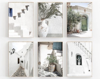Santorini Print Set of 6, Greece City Print, Oia Santorini Print Set, Mykonos Pastel Printable Art, Mediterranean Wall Art, Greece Set of 6