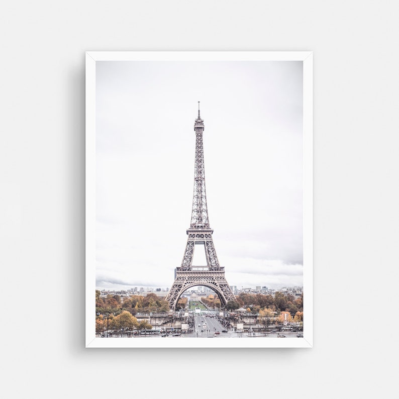 May include: A black and white photograph of the Eiffel Tower in Paris, France. The tower is in the center of the image, with a cloudy sky in the background. The tower is surrounded by trees and buildings.