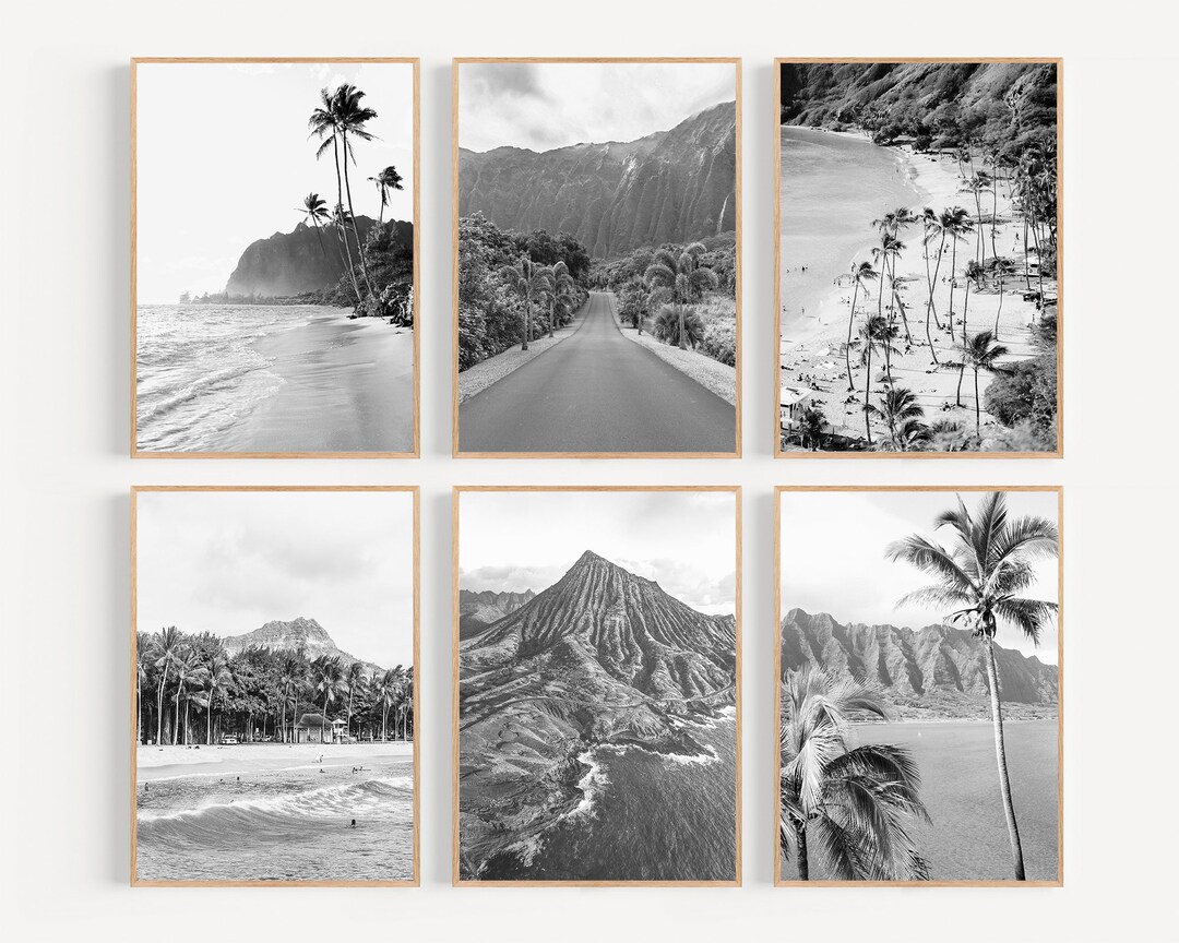 Hawaii Print Set of 6, Hawaii Print Black and White, Palm Tree Wall ...