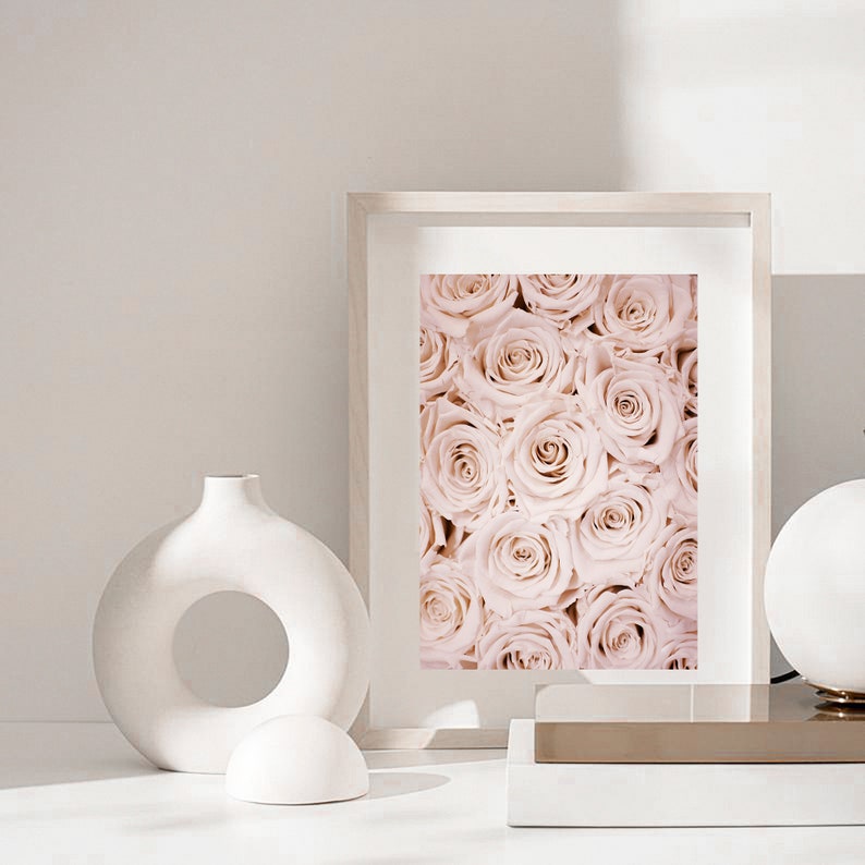 May include: A framed print of a close-up of a cluster of pale pink roses. The print is displayed on a white shelf with a white ceramic vase and a white ceramic sphere.