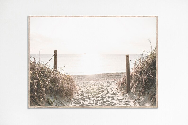 May include: A sandy path leads to the ocean through a grassy dune with wooden posts on either side. The path is lit by the sun shining through the clouds.