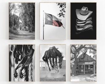 Cowboy Print Set of 6, Farmhouse Wall Art, Black and White Cowboy Print, Western Wall Decor, Texas Print, Rustic Gallery Wall Set, Horse Art
