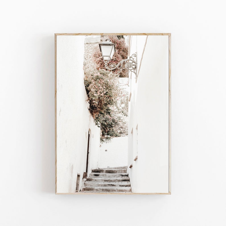 May include: A white, narrow alleyway with a stone staircase leading up. The alleyway is lined with white walls and a leafy green vine hangs overhead. A vintage street lamp is mounted on the wall.