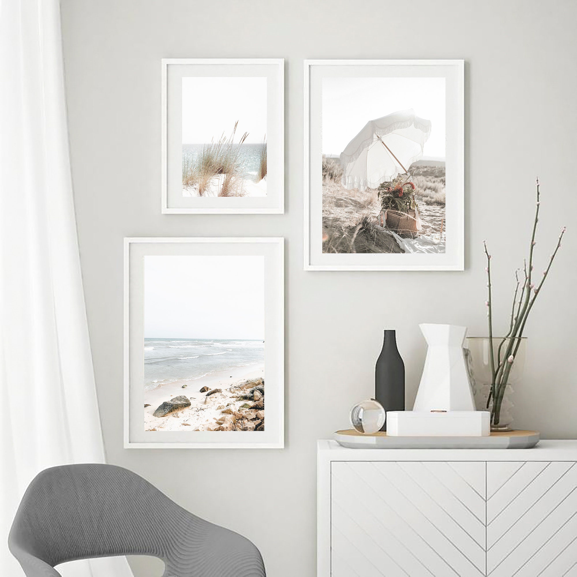 Beach Print Set of 3, Coastal Wall Art, Neutral Beach Wall Art, Pampas ...