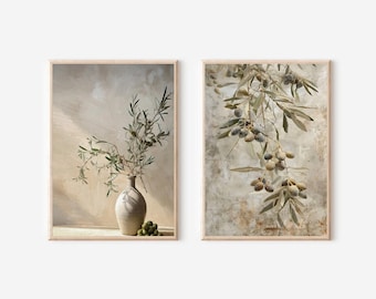 Olive Tree Still Life Painting Print Set, Mediterranean Botanical Wall Art (Digital Download)