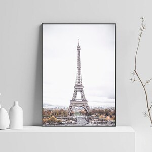 May include: A black and white photograph of the Eiffel Tower in Paris, France. The tower is in the center of the image and is surrounded by trees and buildings. The sky is cloudy and gray.