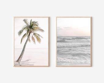 Pastel Beach Prints Set, Tropical Palm Tree Prints (Digital Download)