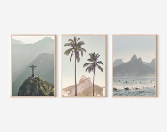 Rio de Janeiro Art Print, Brazil Print, Copacabana Print, Brazil Wall Art, Palm Tree Print, Brazil Set of 3 Prints,Christ the Redeemer Decor