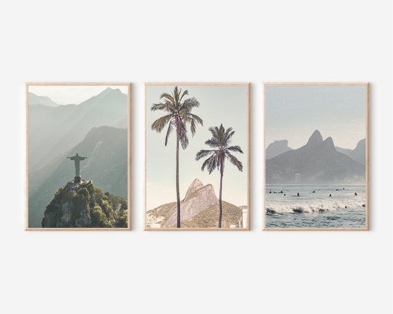 Rio de Janeiro Art Print, Brazil Print, Copacabana Print, Brazil Wall Art, Palm Tree Print, Brazil Set of 3 Prints,Christ the Redeemer Decor