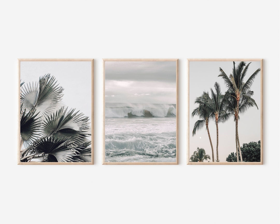 Beach Print Set of 3, Beach Printable Wall Art, Palm Tree Print Set