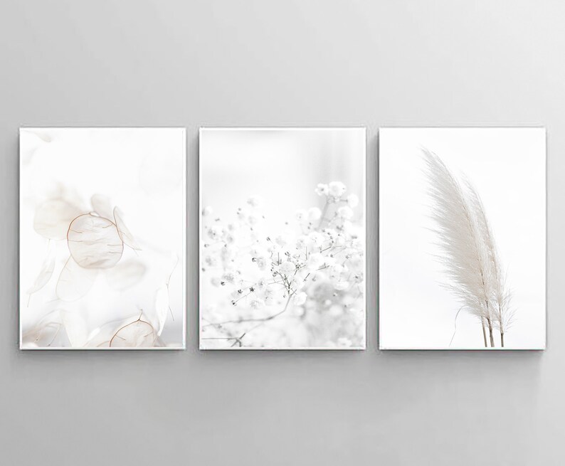 May include: Three minimalist art prints with a white background. The left print features a delicate, translucent, light brown floral design. The center print features a cluster of small white flowers. The right print features a single, long, white feather.