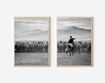 Cowboy Horse Print Set: Black and White Western Wall Art (Digital Download)