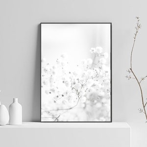 Pode incluir: Uma fotografia a preto e branco de um delicado cacho de flores brancas, com um fundo suave e desfocado. A imagem est&aacute; enquadrada numa moldura preta.
