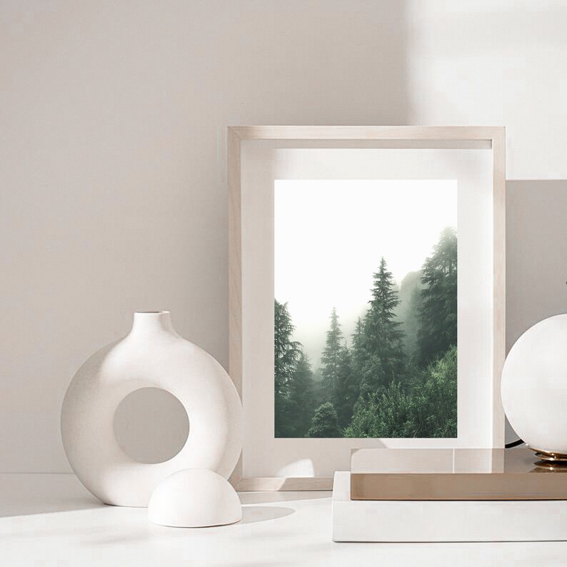 May include: A white ceramic vase with a circular opening in the center, a white ceramic sphere, and a framed photograph of a misty forest scene. The frame is light wood and the photo shows a forest with tall trees and a foggy background.