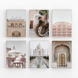 India Print Set of 6, India Wall Art, Cityscape Wall Art, Boho India Art Set of 6, Taj Mahal Print, Architectural Print, Pastel Wall Art