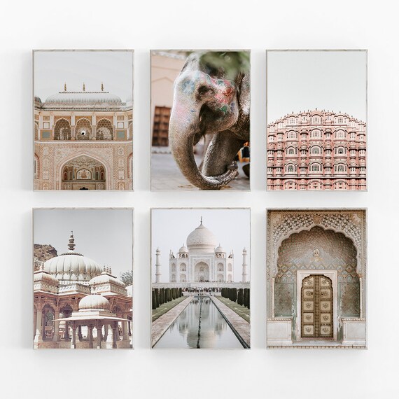 India Print Set of 6, India Wall Art, Cityscape Wall Art, Boho India Art Set of 6, Taj Mahal Print, Architectural Print, Pastel Wall Art